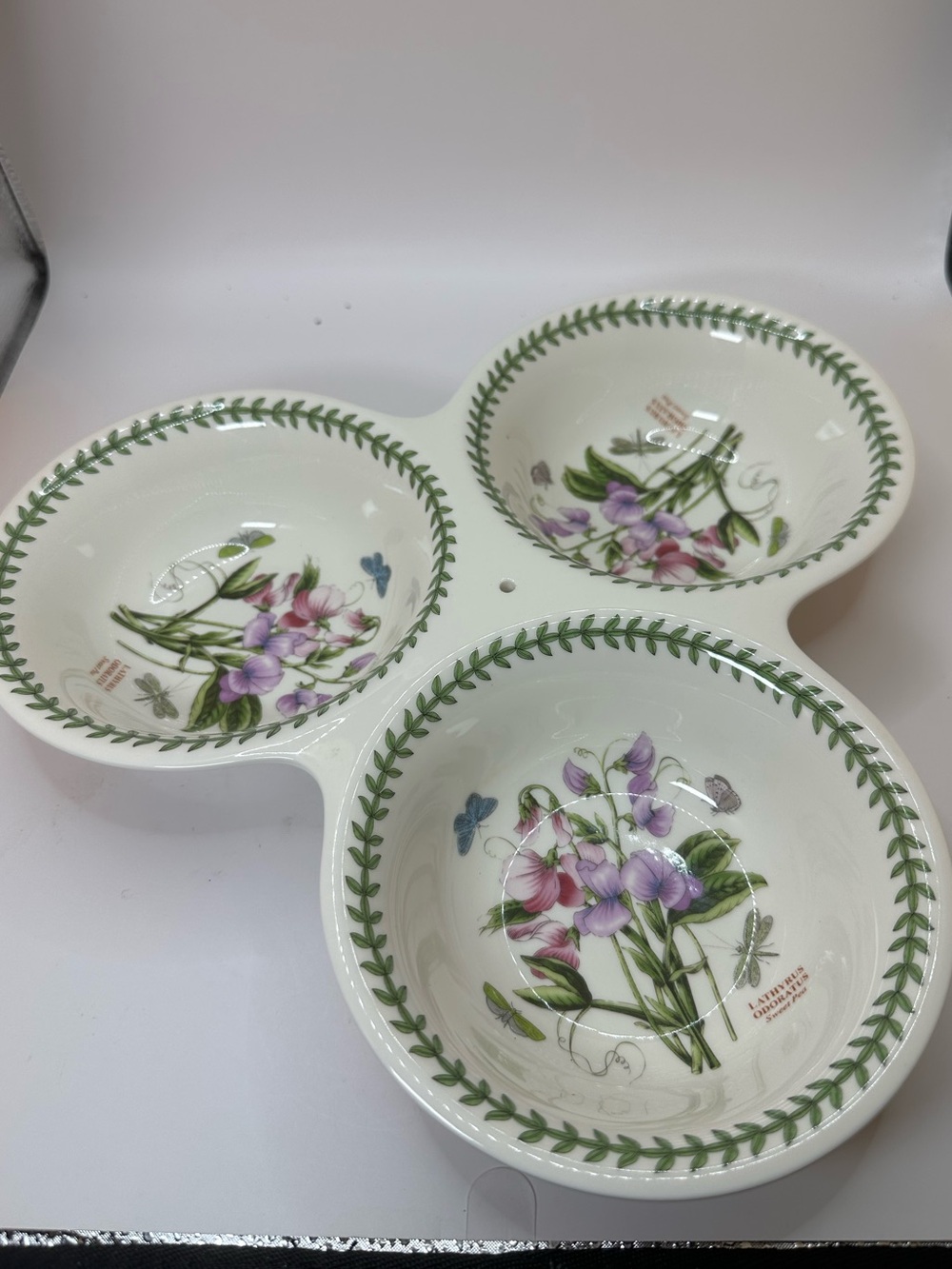 Portmeirion Botanic Garden sweet pea Triple Dish for Relish, Condiments, Candy